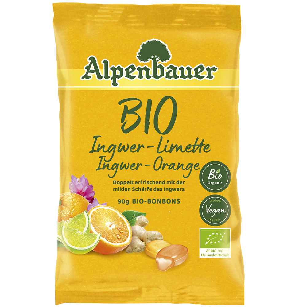ALPENBAUER Přírodní bonbóny zázvor pomeranč  limetka BIO 90 g