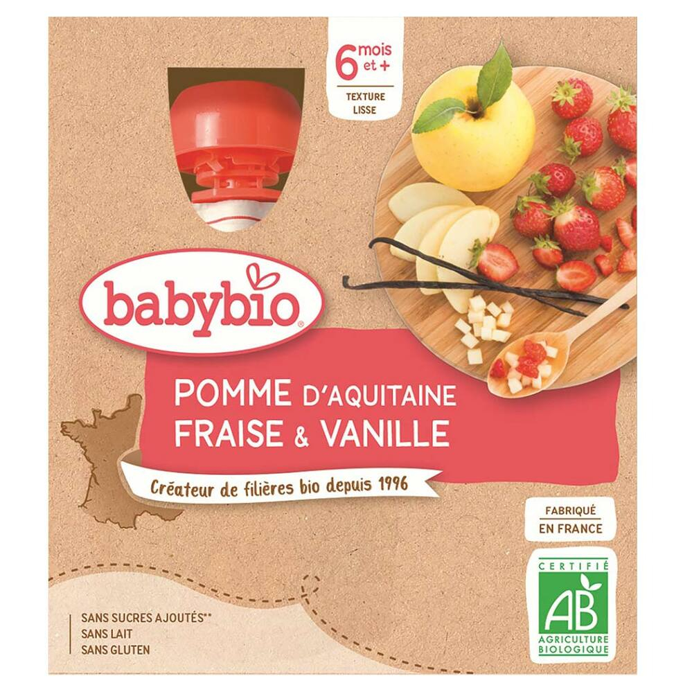 BABYBIO Jablko s jahodou a vanilkou od 6.měsíce 4x 90 g