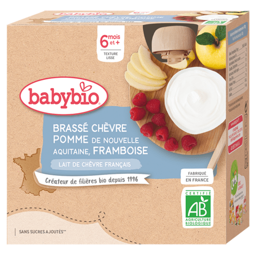 BABYBIO Svačinka z kozího bio mléka s jablkem a malinami 6m+ 4 x 85 g