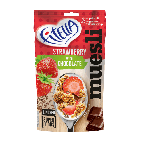 FITELLA Jahodové muesli s lněným semínkem a čokoládou 50 g