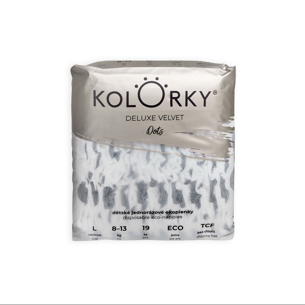 KOLORKY DELUXE VELVET Jednorázové EKO plenky puntíky L (8-13 kg) 19 kusů