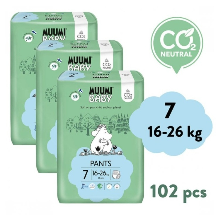 MUUMI BABY Walkers 7 XL 16-26 kg měsíční balení kalhotkových eko plen 102 ks