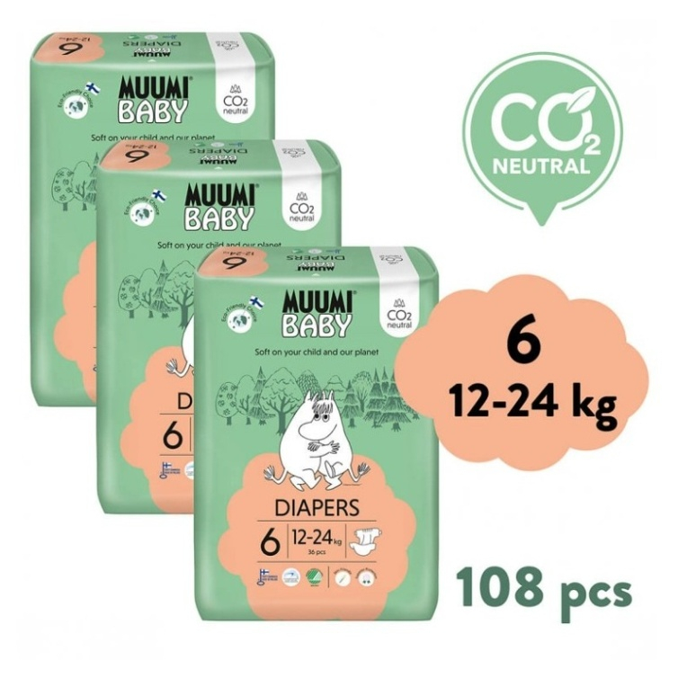MUUMI BABY 6 Junior 12–24 kg měsíční balení eko plen 108 ks